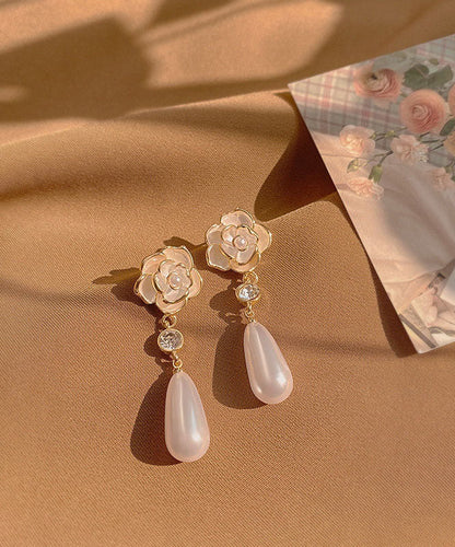Pendientes colgantes florales de circonita y perla de aleación blanca hechos a mano