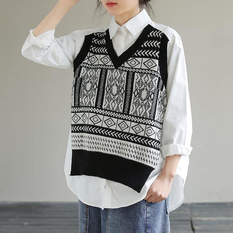 DIY White Clothes Lapel Patchwork Knit Fabric Knee Spring Top - SooLinen