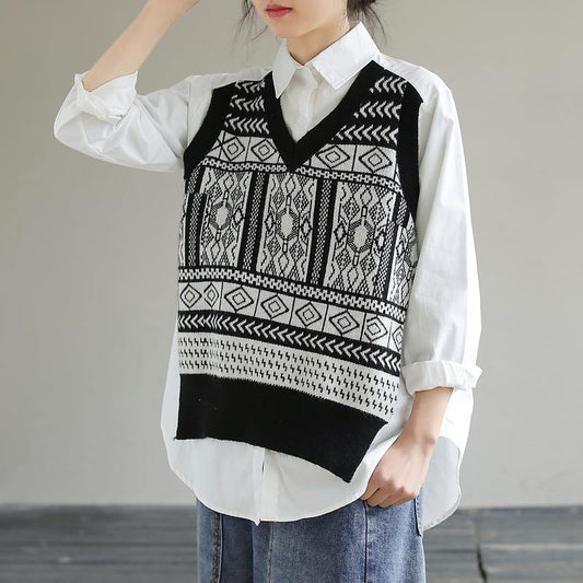 DIY White Clothes Lapel Patchwork Knit Fabric Knee Spring Top - SooLinen