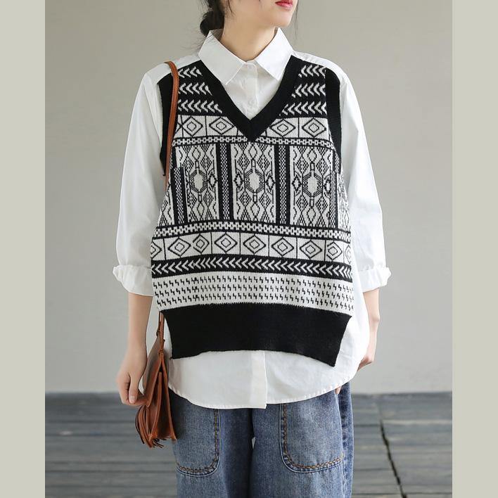 DIY White Clothes Lapel Patchwork Knit Fabric Knee Spring Top - SooLinen