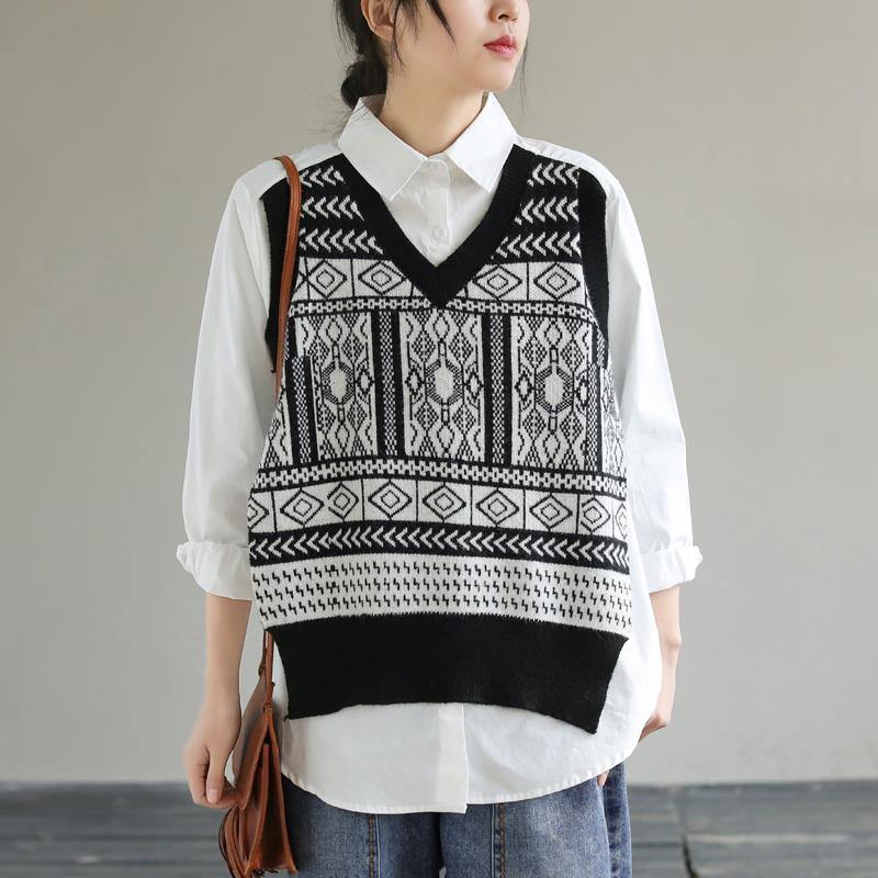 DIY White Clothes Lapel Patchwork Knit Fabric Knee Spring Top - SooLinen