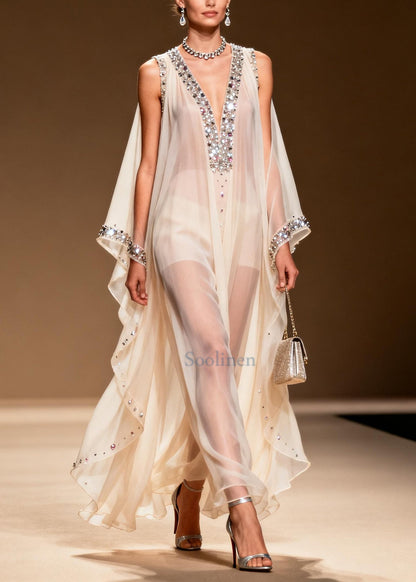 DIY White Cold Shoulder Rhinestone Chiffon Sheer Dress Summer
