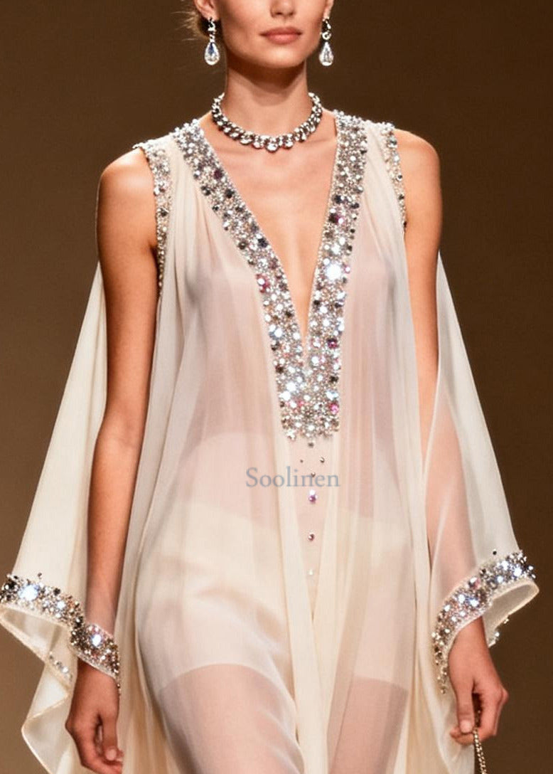 DIY White Cold Shoulder Rhinestone Chiffon Sheer Dress Summer