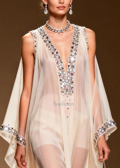 DIY White Cold Shoulder Rhinestone Chiffon Sheer Dress Summer