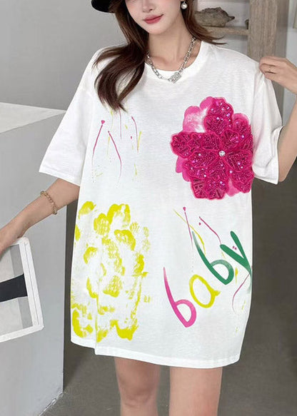 DIY White Oversized Floral Decorated Cotton Tank Tops Summer