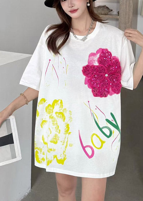 DIY White Oversized Floral Decorated Cotton Tank Tops Summer