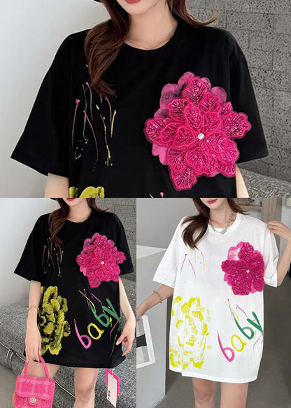 DIY White Oversized Floral Decorated Cotton Tank Tops Summer