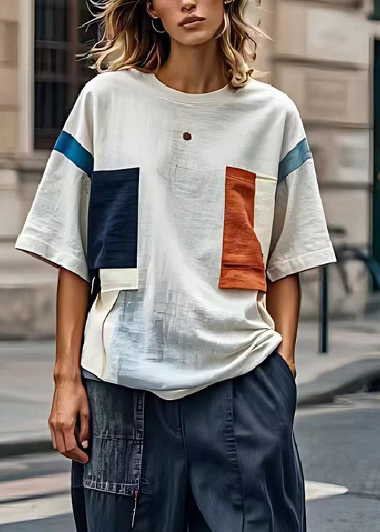 DIY weiße übergroße Patchwork-Applikation Leinen Tops Sommer