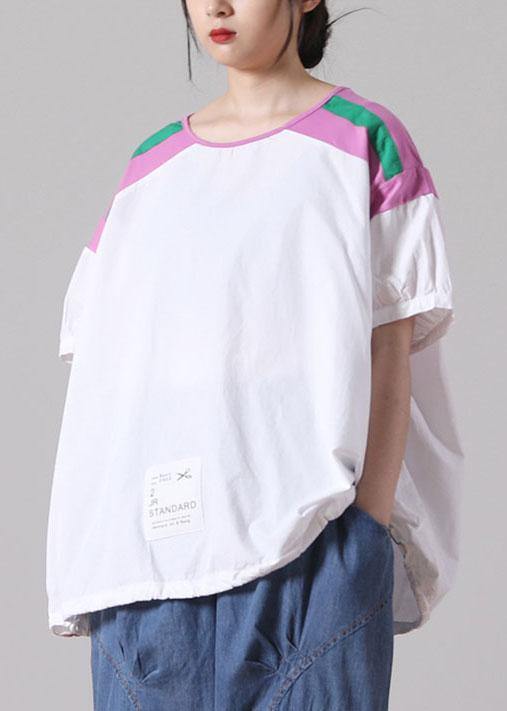 DIY White Patchwork O-Neck Cotton Top Short Sleeve - SooLinen