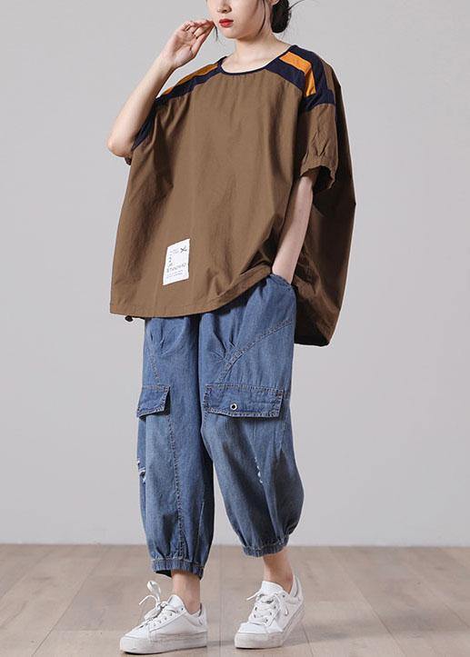 DIY White Patchwork O-Neck Cotton Top Short Sleeve - SooLinen