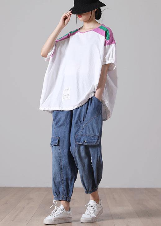 DIY White Patchwork O-Neck Cotton Top Short Sleeve - SooLinen