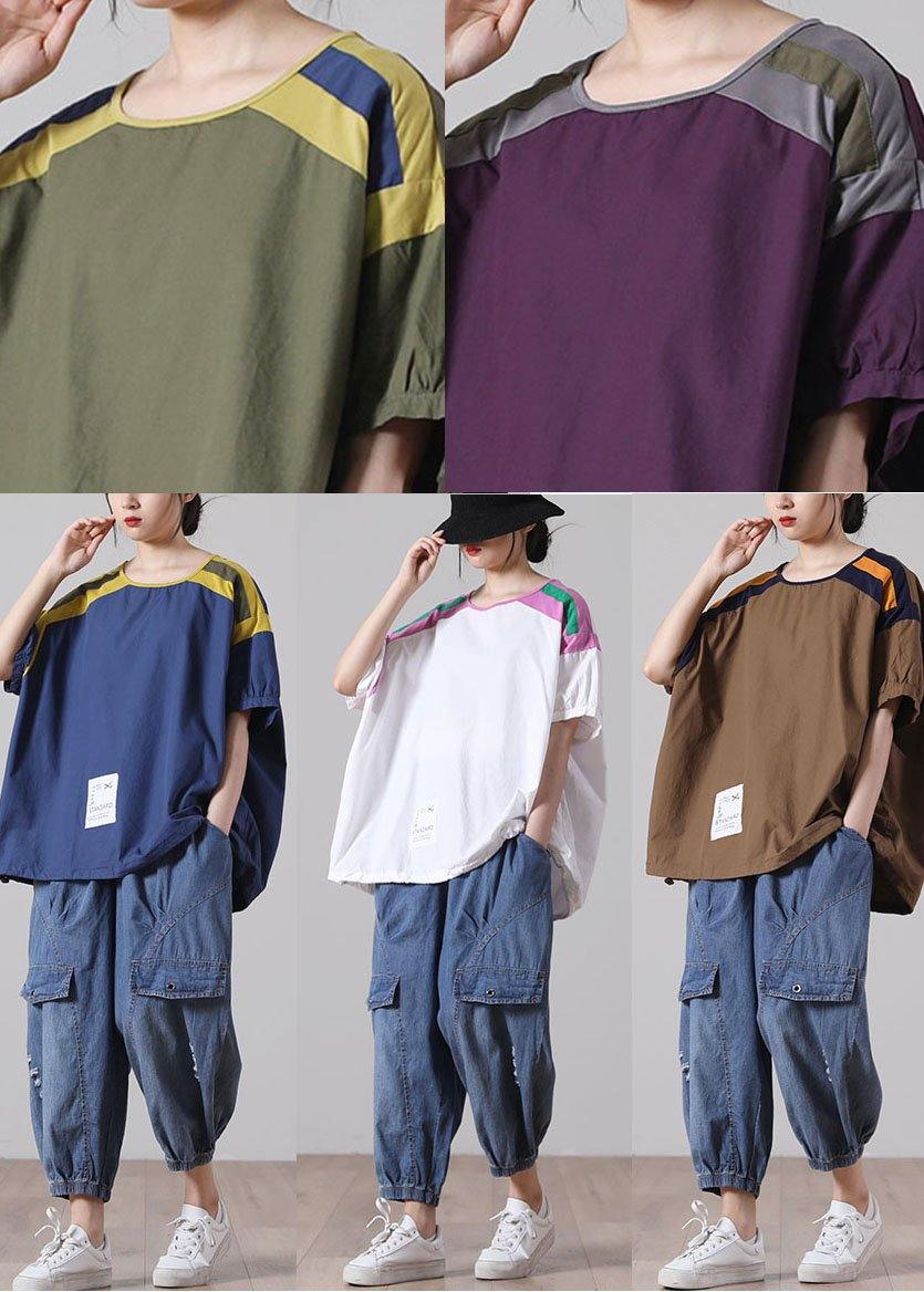 DIY White Patchwork O-Neck Cotton Top Short Sleeve - SooLinen