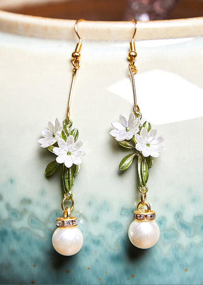 Pendientes colgantes de crisantemo con perlas blancas DIY