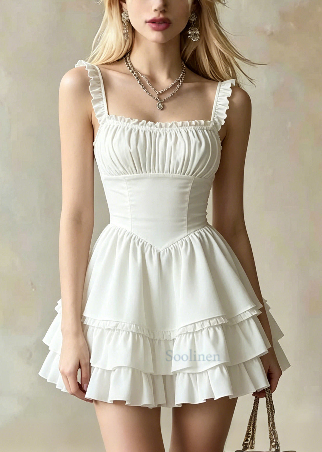 DIY White Ruffles Layered Cotton Mini Dress Summer