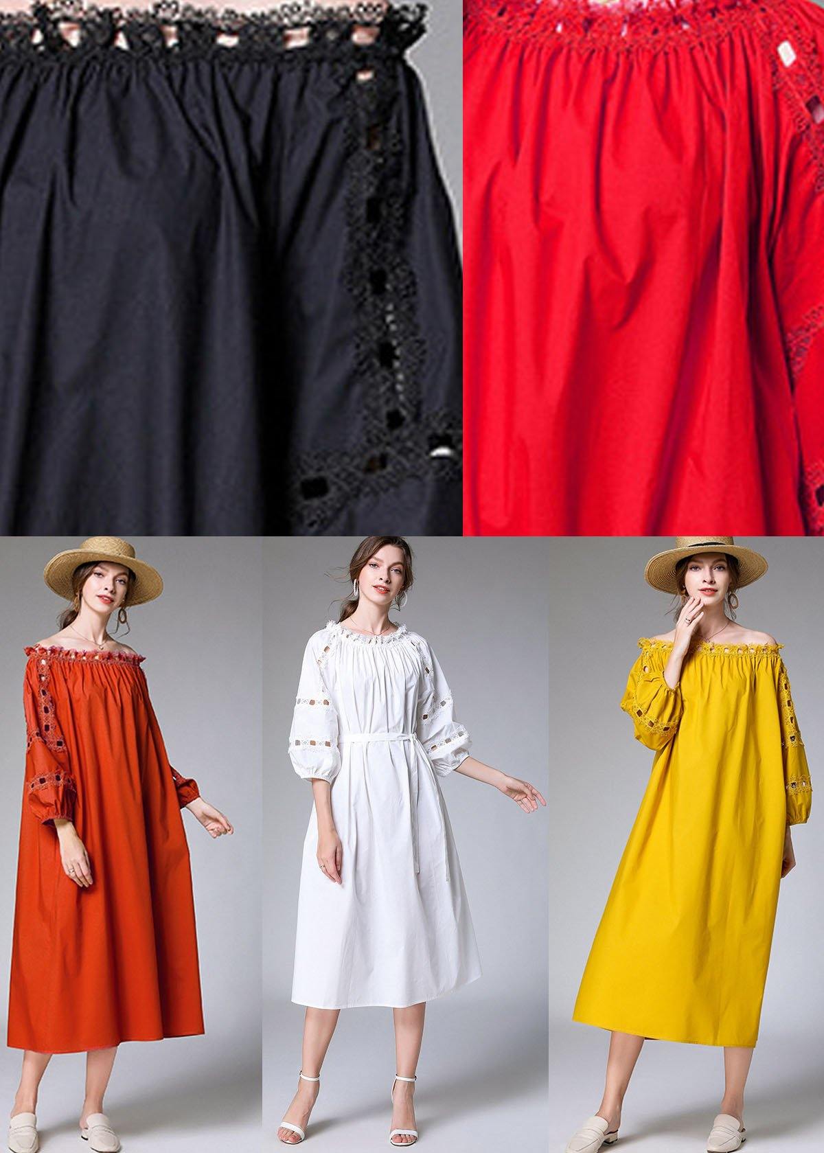 DIY White Slash Necktie Waist Cotton Fall Long Dress Half Sleeve - SooLinen