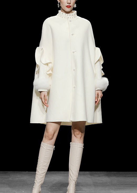 DIY Weiß Stehkragen Patchwork Nagel Perle Taste Wollmantel Herbst