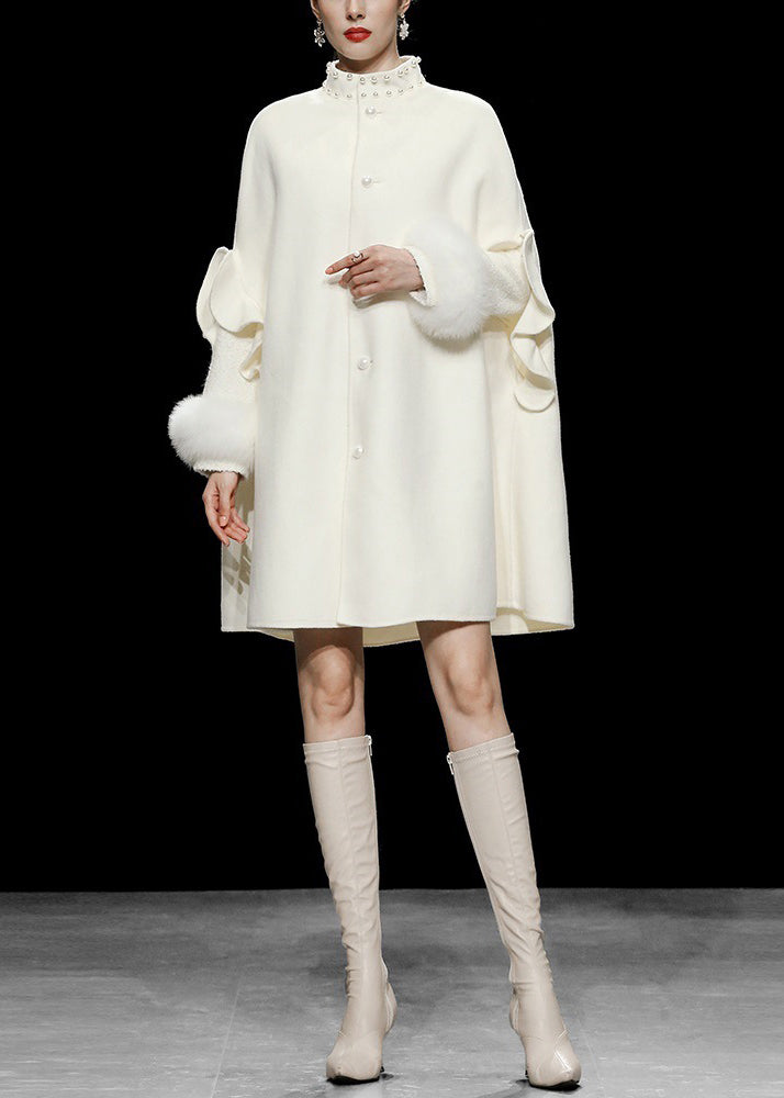 DIY Weiß Stehkragen Patchwork Nagel Perle Taste Wollmantel Herbst