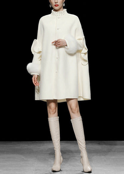 DIY Weiß Stehkragen Patchwork Nagel Perle Taste Wollmantel Herbst