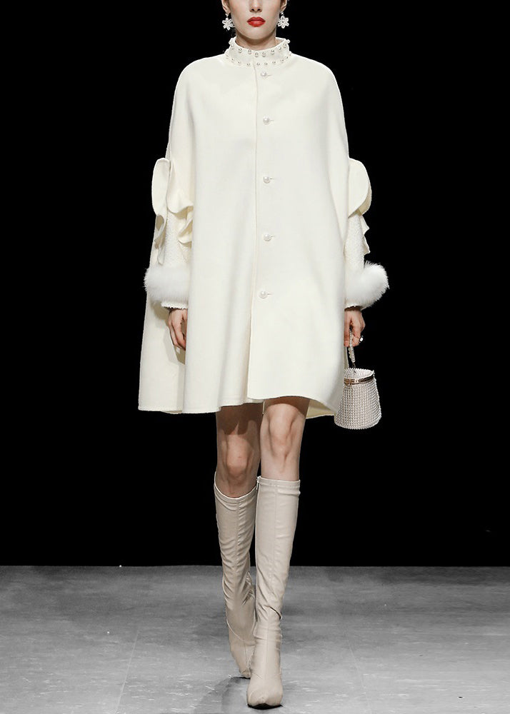 DIY Weiß Stehkragen Patchwork Nagel Perle Taste Wollmantel Herbst