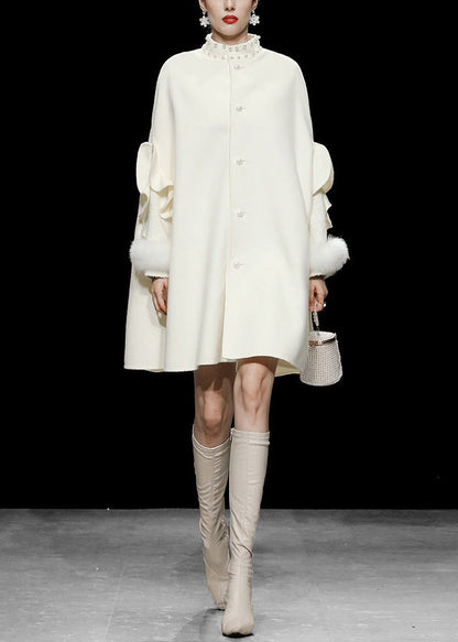 DIY Weiß Stehkragen Patchwork Nagel Perle Taste Wollmantel Herbst