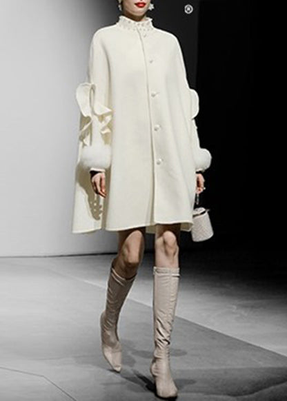 DIY Weiß Stehkragen Patchwork Nagel Perle Taste Wollmantel Herbst