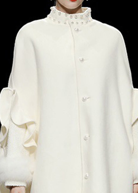 DIY Weiß Stehkragen Patchwork Nagel Perle Taste Wollmantel Herbst