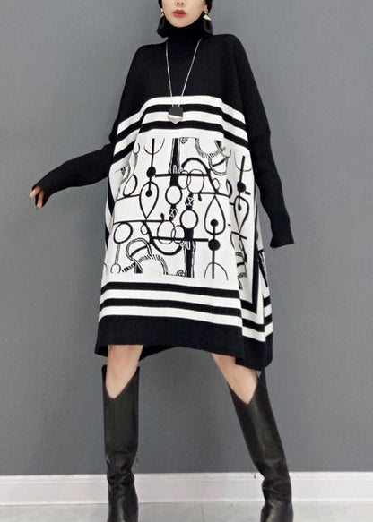 DIY Weiß Rollkragen Print Strick Lange Kleider Frühling