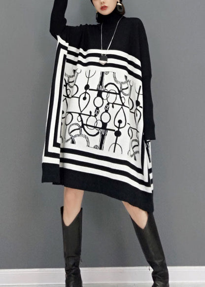 DIY Weiß Rollkragen Print Strick Lange Kleider Frühling