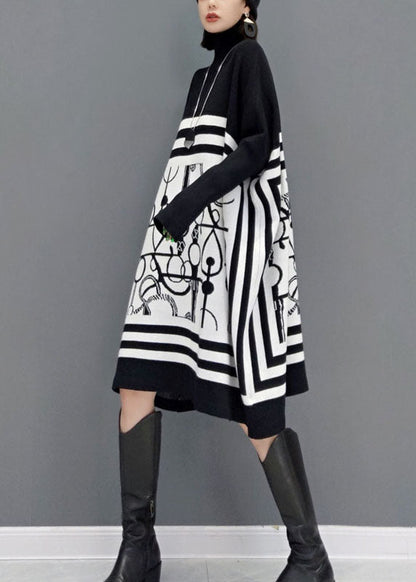 DIY Weiß Rollkragen Print Strick Lange Kleider Frühling