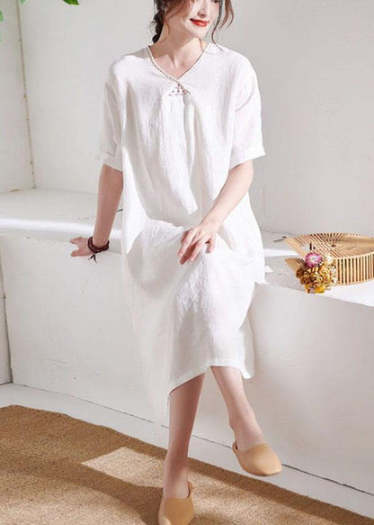 DIY White V Neck lantern Sleeve Summer Linen Maxi Dress Half Sleeve - SooLinen