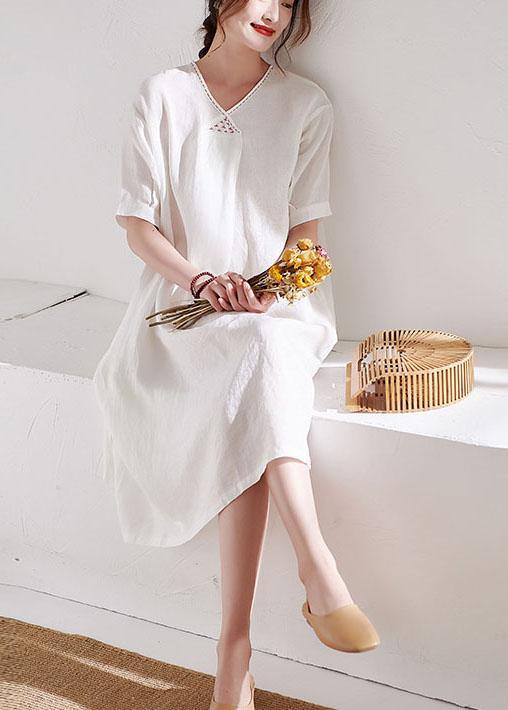 DIY White V Neck lantern Sleeve Summer Linen Maxi Dress Half Sleeve - SooLinen