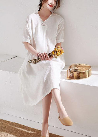 DIY White V Neck lantern Sleeve Summer Linen Maxi Dress Half Sleeve - SooLinen