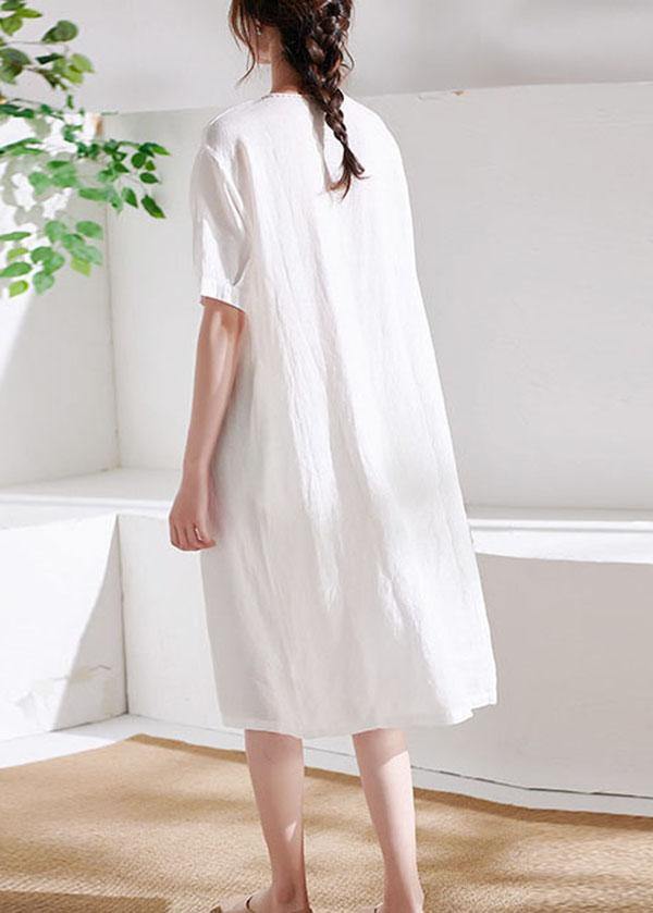 DIY White V Neck lantern Sleeve Summer Linen Maxi Dress Half Sleeve - SooLinen