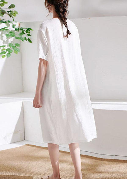 DIY White V Neck lantern Sleeve Summer Linen Maxi Dress Half Sleeve - SooLinen