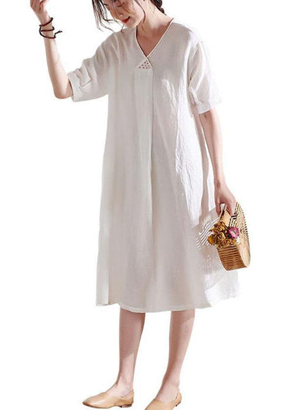 DIY White V Neck lantern Sleeve Summer Linen Maxi Dress Half Sleeve - SooLinen