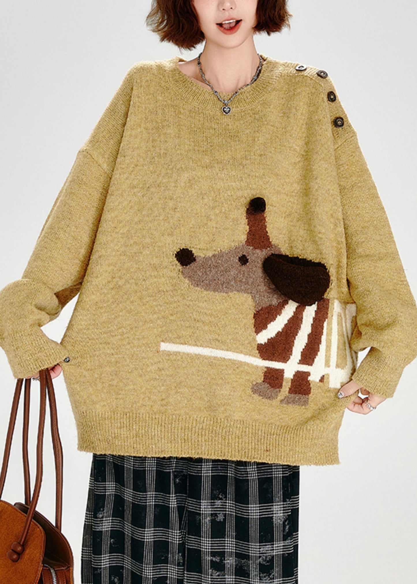 DIY Gelber asymmetrischer Hunde-Jacquard-Strickpullover, Winter