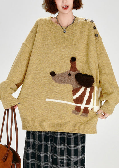 DIY Gelber asymmetrischer Hunde-Jacquard-Strickpullover, Winter