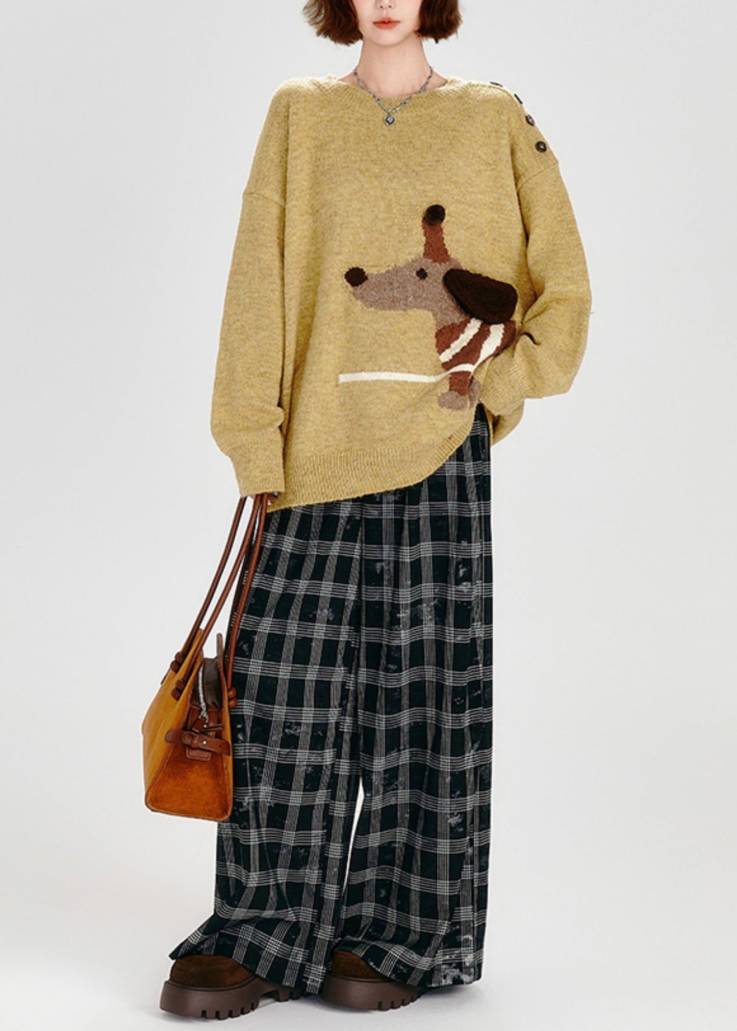 DIY Gelber asymmetrischer Hunde-Jacquard-Strickpullover, Winter