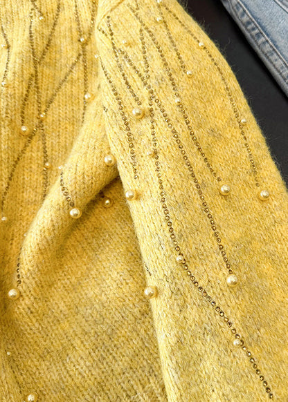 DIY Yellow Oversized Nail Bead Knit Sweaters Winter