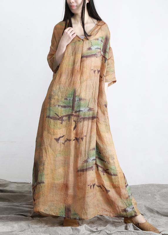 DIY Yellow Print Linen Oversize Summer Long Dress - SooLinen