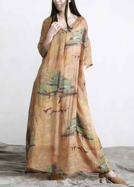 DIY Yellow Print Linen Oversize Summer Long Dress - SooLinen
