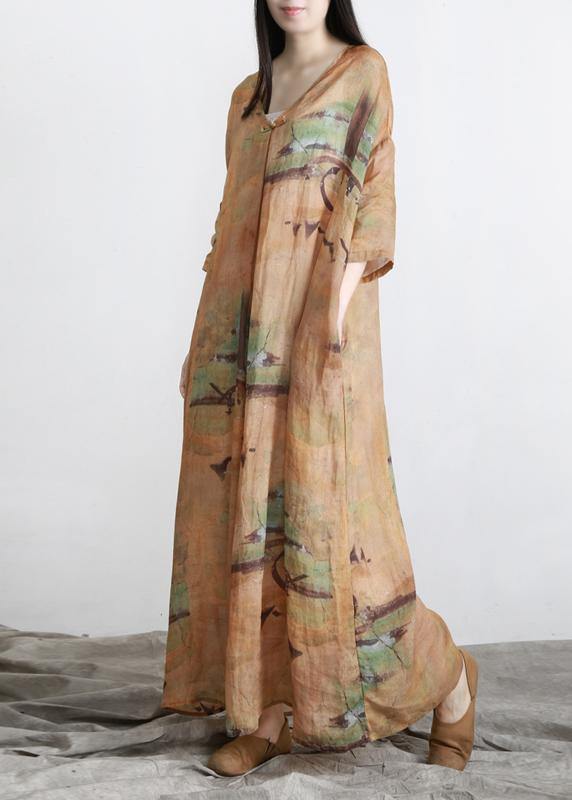 DIY Yellow Print Linen Oversize Summer Long Dress - SooLinen