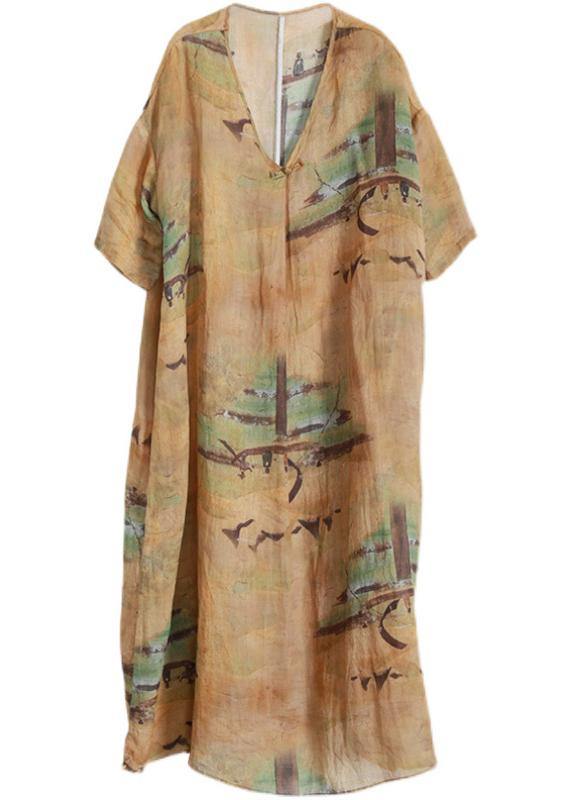 DIY Yellow Print Linen Oversize Summer Long Dress - SooLinen