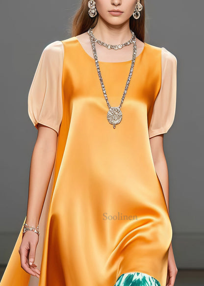 DIY Yellow Print Patchwork Side Open Silk Long Dress Summer