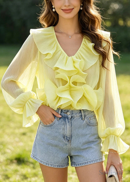 DIY Yellow Ruffled Flower Chiffon Pleated Shirts Summer