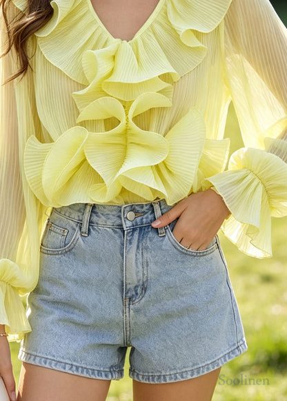 DIY Yellow Ruffled Flower Chiffon Pleated Shirts Summer
