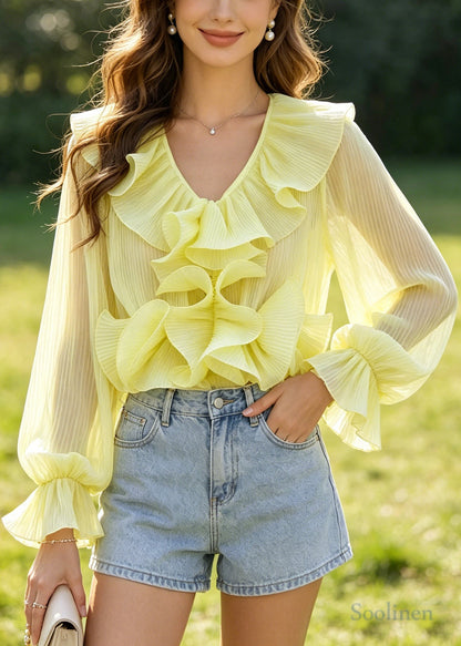 DIY Yellow Ruffled Flower Chiffon Pleated Shirts Summer