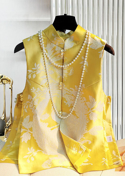 DIY Gelb Stehkragen knopfseite offen Jacquard Satin weste Frühling