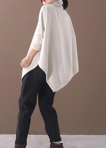 DIY asymmetric hem cotton high neck blouses for women Fabrics beige white tops - SooLinen