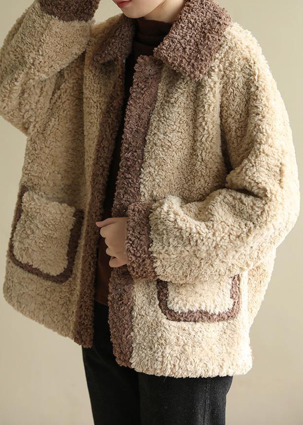 DIY beige Plus Size clothes For Women Tutorials lapel collar patchwork coats - SooLinen